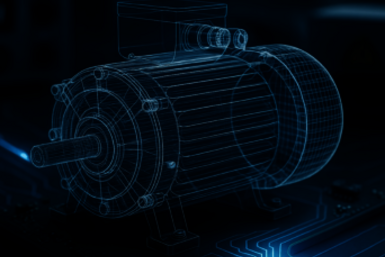 Drahtgittermodell eines modernen Industriemotors auf einer dunklen Platine