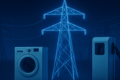 Symbolbild zur Netzsimulation: Strommast, Haushaltsgerät und E-Mobility Ladestation